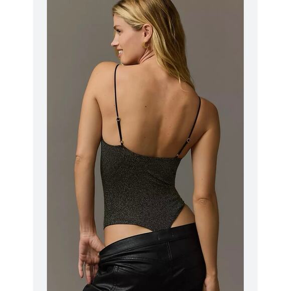 NWT By Anthropologie Seamless Ballerina Glitter Metallic Bodysuit S/M Black Gold - Picture 3 of 7